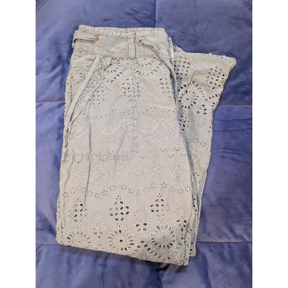 Sundance Blue Cotton Eyelet Embroidered Drawstring Boho Pants Womens - Size 8